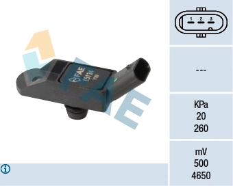 15134 FAE Датчик тиску у впускному колекторі (3 pin) DS DS 3, DS 4, DS 5, BMW 1 (F20), 1 (F21), 3 (F30, F80), 3 (F31), CITROEN C4 GRAND PICASSO I, C4 GRAND PICASSO II, C4 II, C4 PICASSO I 1.6/1.6H 10.07-